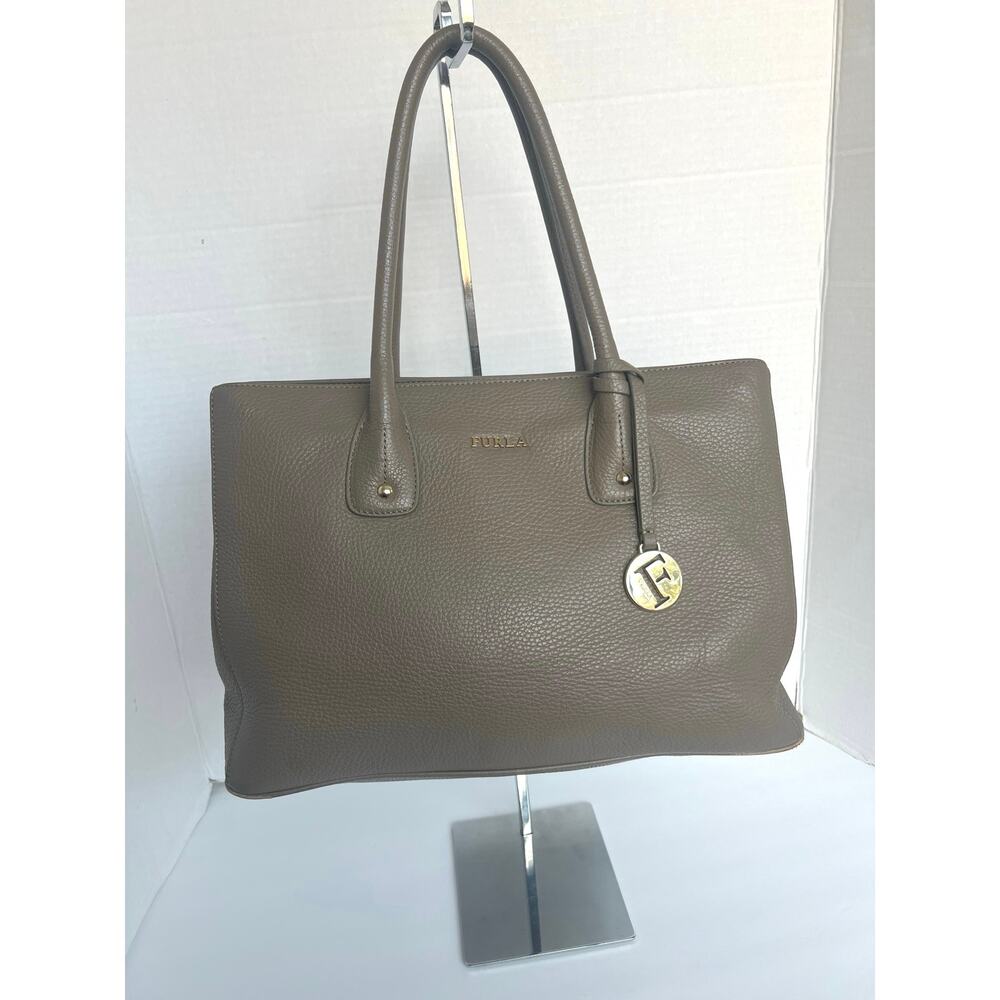 FURLA Taupe Brown Pebble Leather Double Handle Tote Shoulder Bag‎ Purse